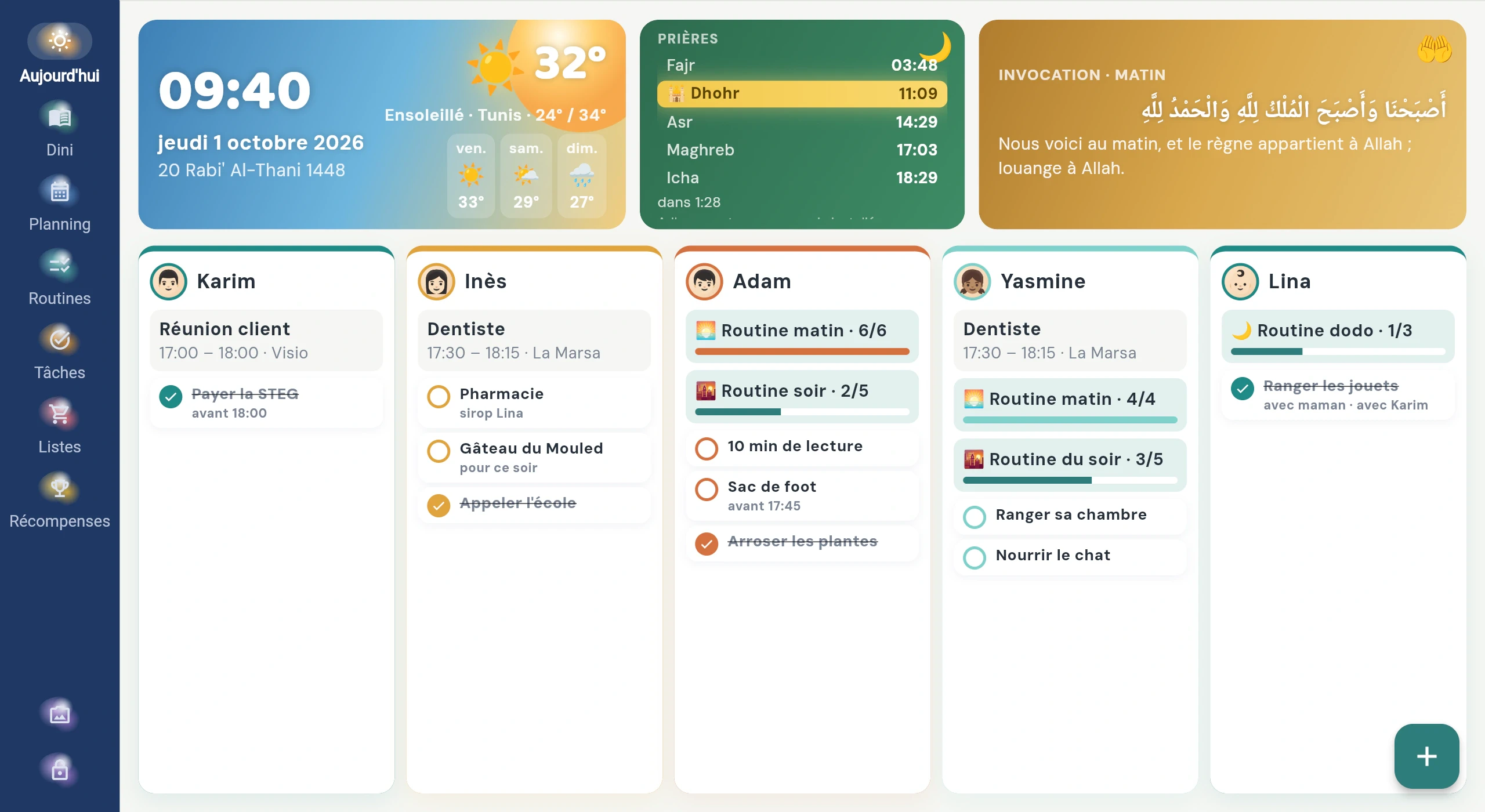 Écran « Aujourd’hui » : horloge, météo, horaires des prières, invocation du matin et une colonne par membre de la famille.