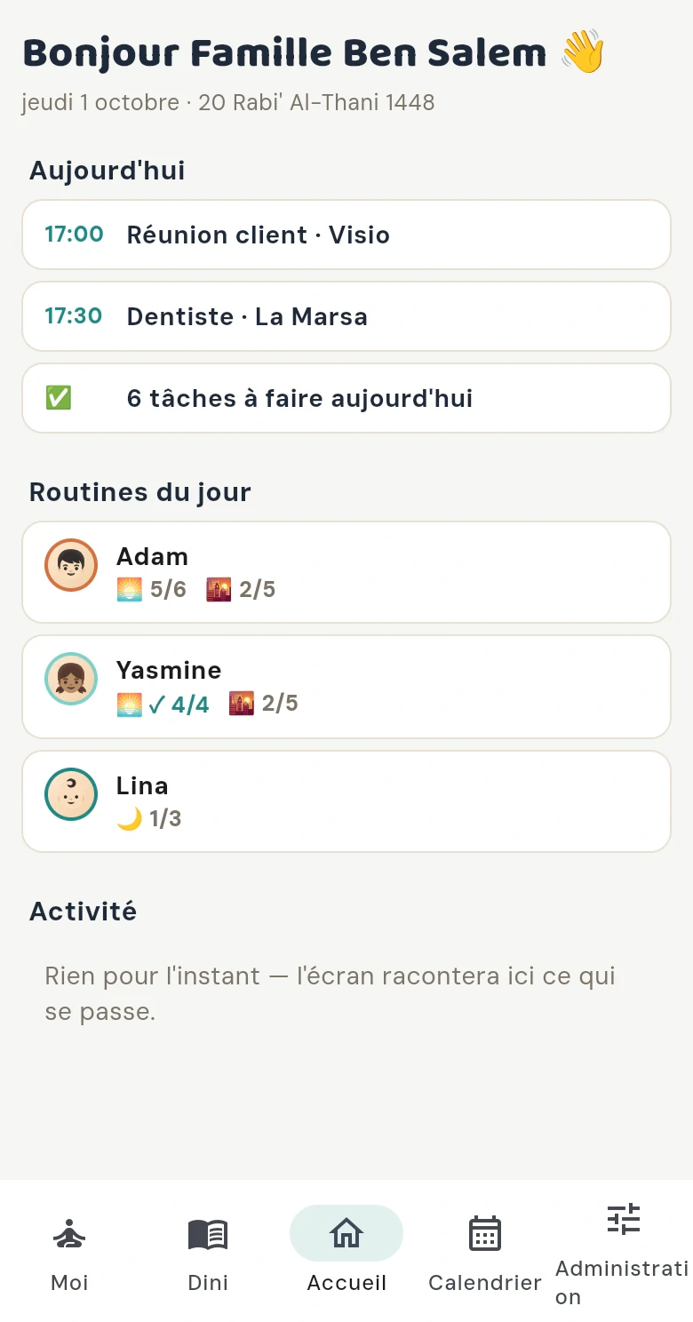 App des parents : accueil de la famille avec les rendez-vous du jour, les tâches à faire et l’avancement des routines des enfants.
